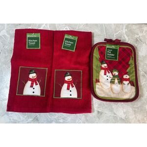 Holiday Time Red Snowman Kitchen Towel and Pot Holder Set 4 Piece New Holiday